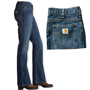 Carhartt womens bootcut denim blue jeans classic logo on back pocket medium wash